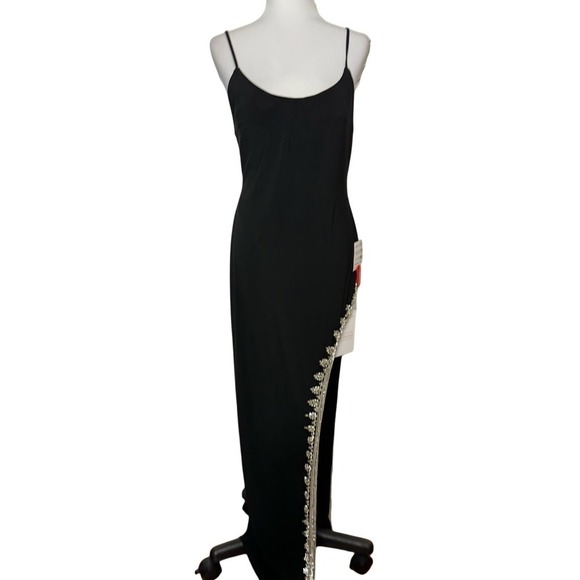 Mac Duggal Gown Low Back High Slit Dress Black Silver Size 8 - Picture 4 of 13